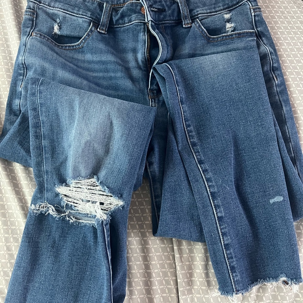 American Eagle Outfitters Blue Skinny Jeans Distressed Frayed Hem
